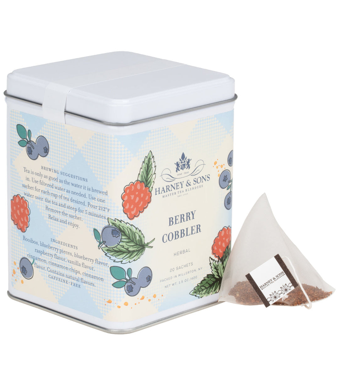 Harney and Sons Berry Cobbler tea tin with a tea bag on a white background.