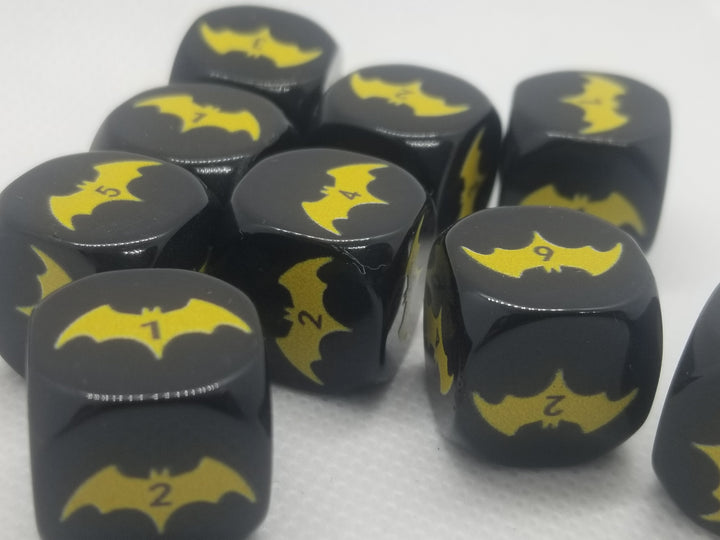 Yellow Bat Black Dice 6 Sided 16mm (Custom Printed)
