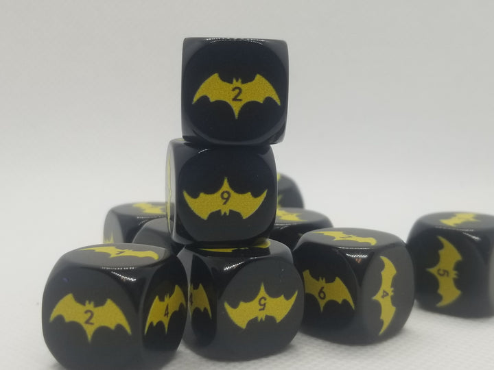 Yellow Bat Black Dice 6 Sided 16mm (Custom Printed)