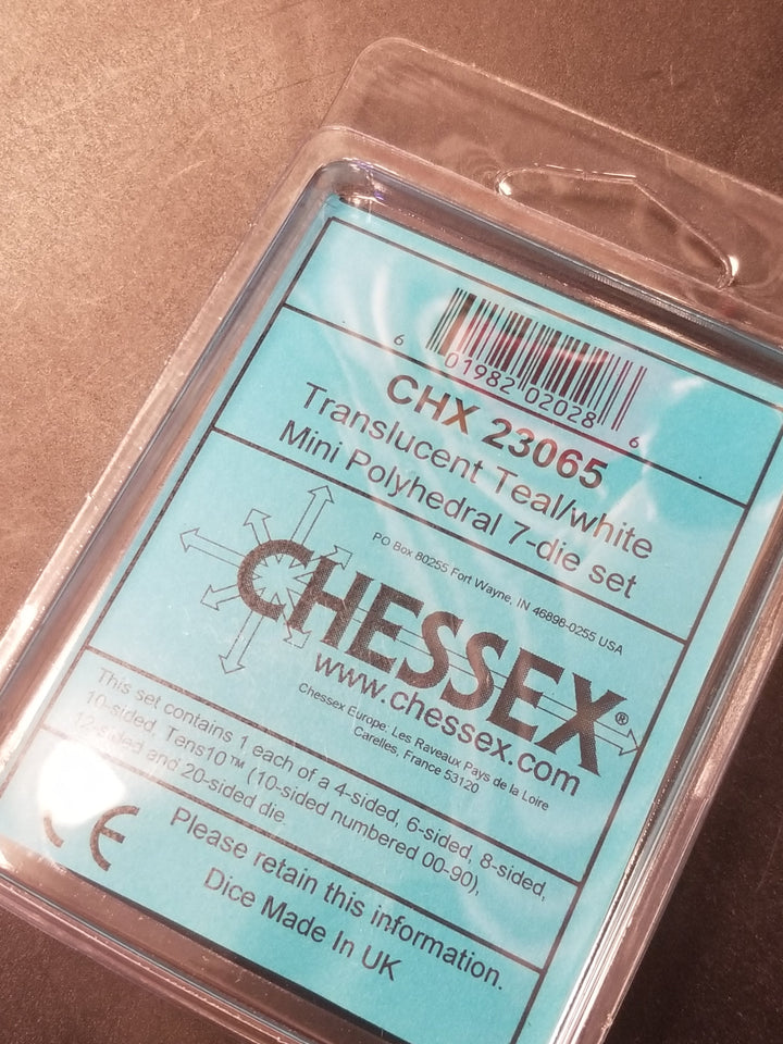 Chessex Translucent Teal w/ White Mini Polyhedral 7-die Set CHX 23065 OOP