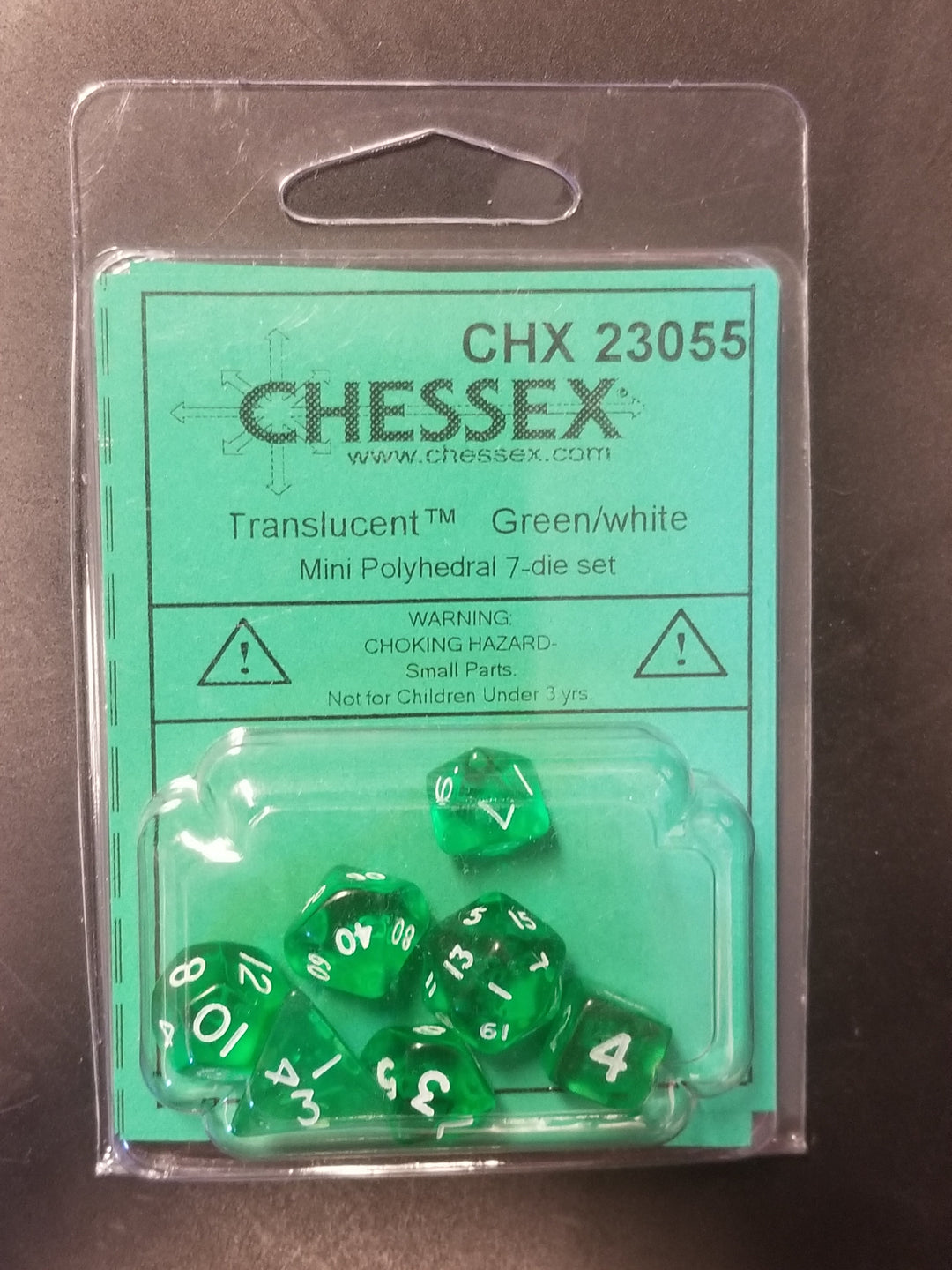 Chessex Translucent Green w/ White Mini Polyhedral 7-die Set CHX 23055 OOP