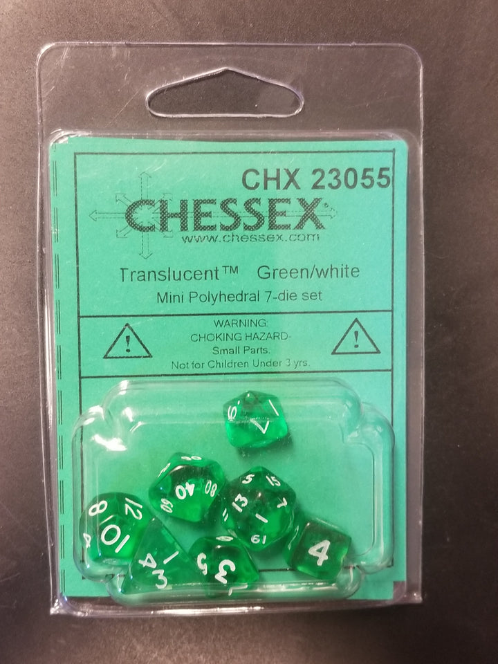 Chessex Translucent Green w/ White Mini Polyhedral 7-die Set CHX 23055 OOP