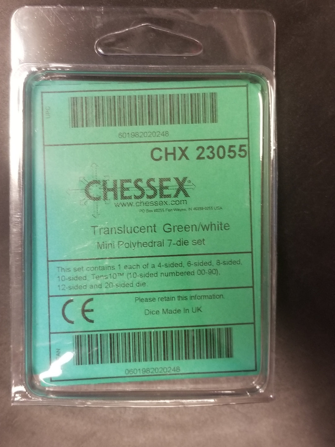 Chessex Translucent Green w/ White Mini Polyhedral 7-die Set CHX 23055 OOP