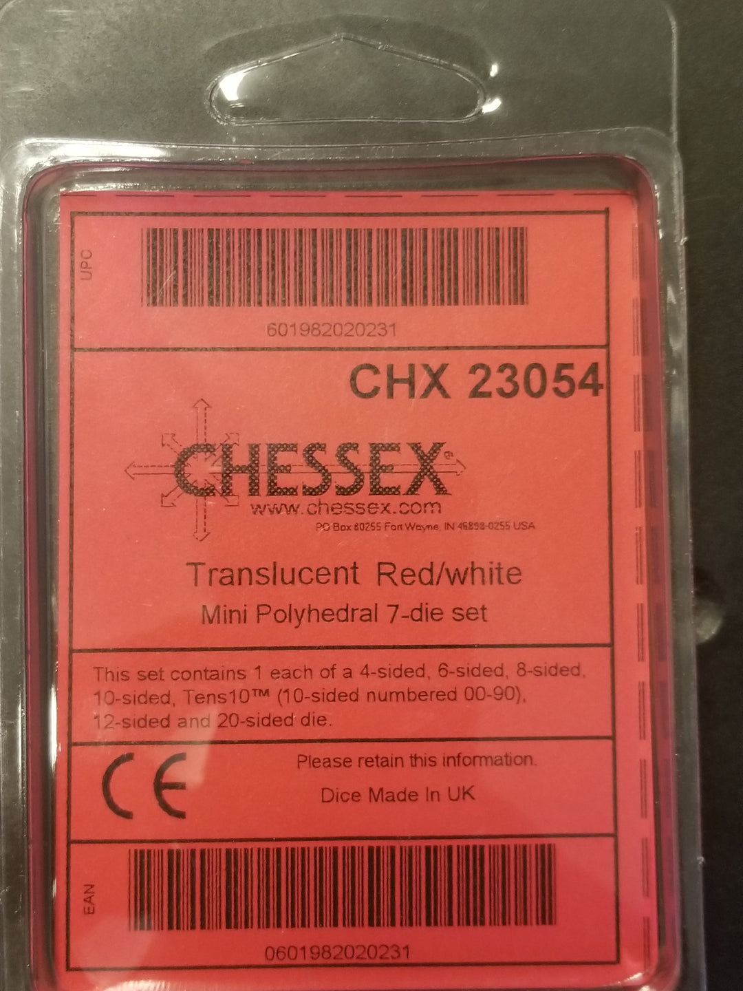 Chessex Translucent Red w/ White Mini Polyhedral 7-die Set CHX 23054 OOP