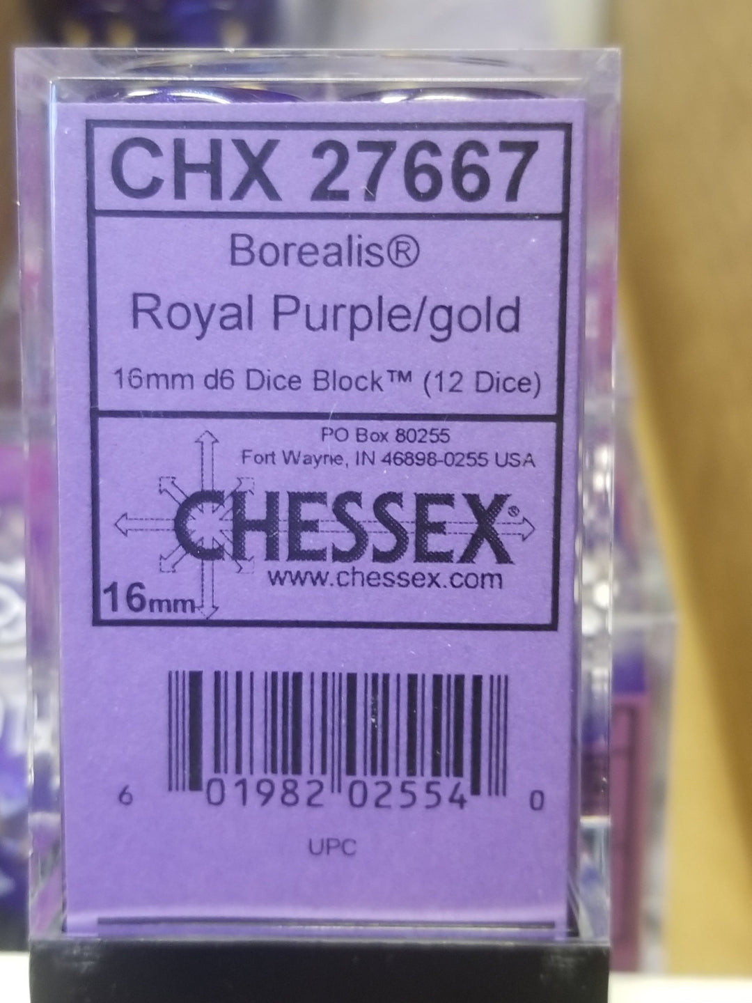 CHX 27667 16mm Block Borealis Royal Purple w/ Gold Numbers Dice Set Chessex