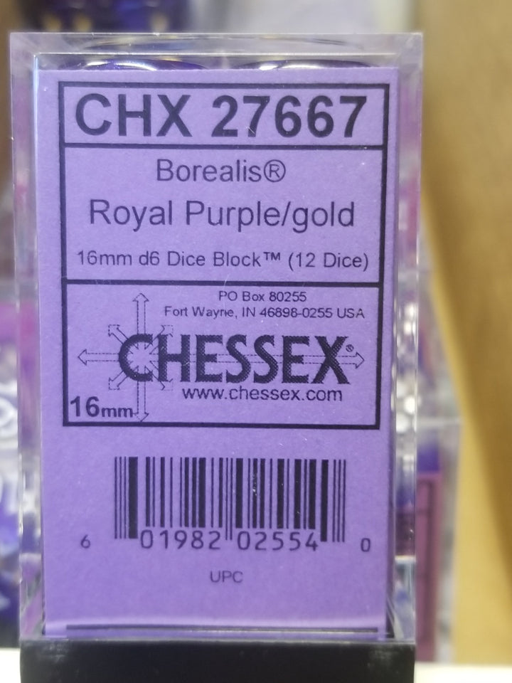 CHX 27667 16mm Block Borealis Royal Purple w/ Gold Numbers Dice Set Chessex