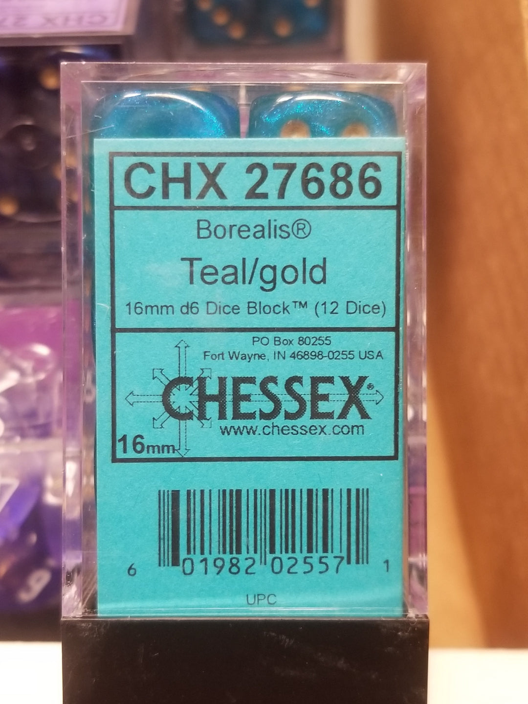 CHX 27686 16mm Block Borealis Teal w/ Gold Pips Dice Set Chessex