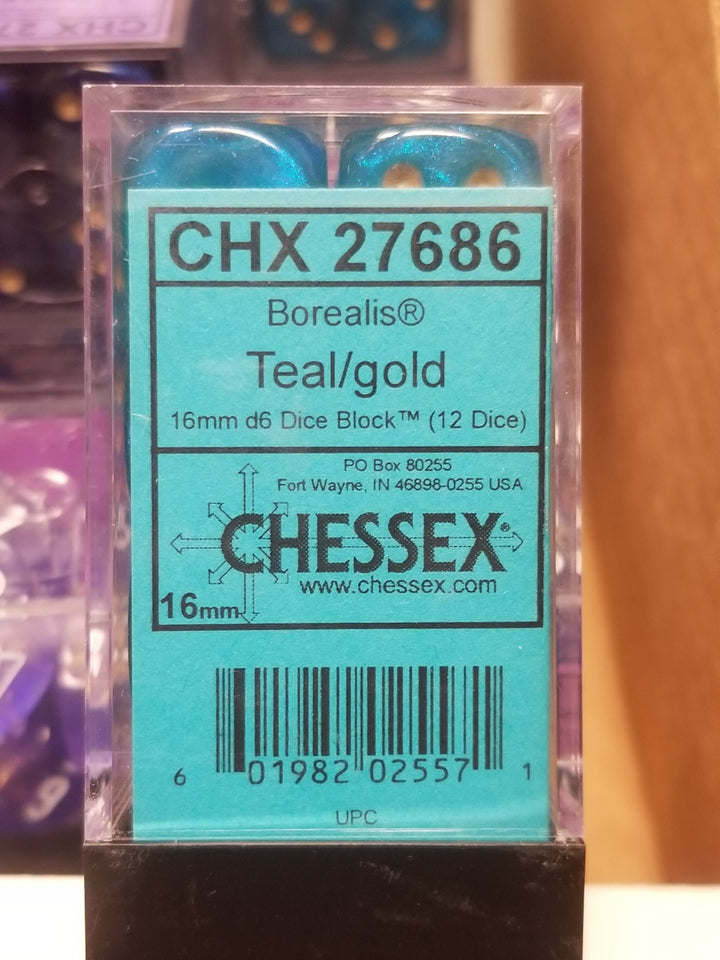 CHX 27686 16mm Block Borealis Teal w/ Gold Pips Dice Set Chessex