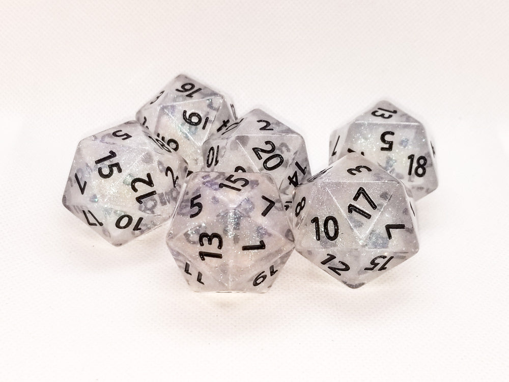 The Time Walker | Clear Glitter 34mm d20 CHONK RPG Dice Set w/Black