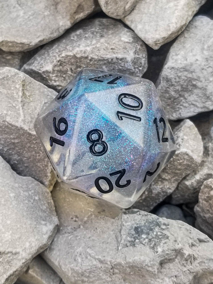 The Time Walker | Clear Glitter 34mm d20 CHONK RPG Dice Set w/Black