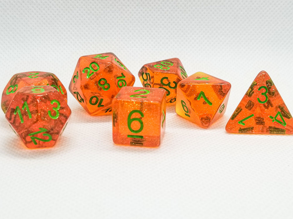 Time Walker | Orange w/Green Glitter 7-Dice Set RPG Dice Set