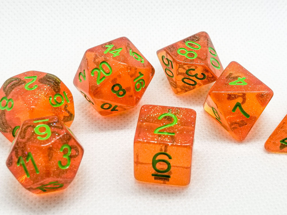 Time Walker | Orange w/Green Glitter 7-Dice Set RPG Dice Set