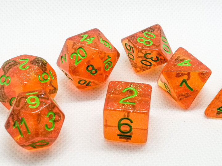 Time Walker | Orange w/Green Glitter 7-Dice Set RPG Dice Set