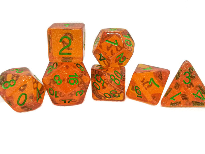 Time Walker | Orange w/Green Glitter 7-Dice Set RPG Dice Set