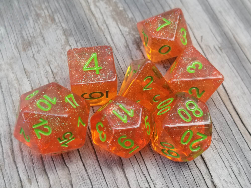 Time Walker | Orange w/Green Glitter 7-Dice Set RPG Dice Set