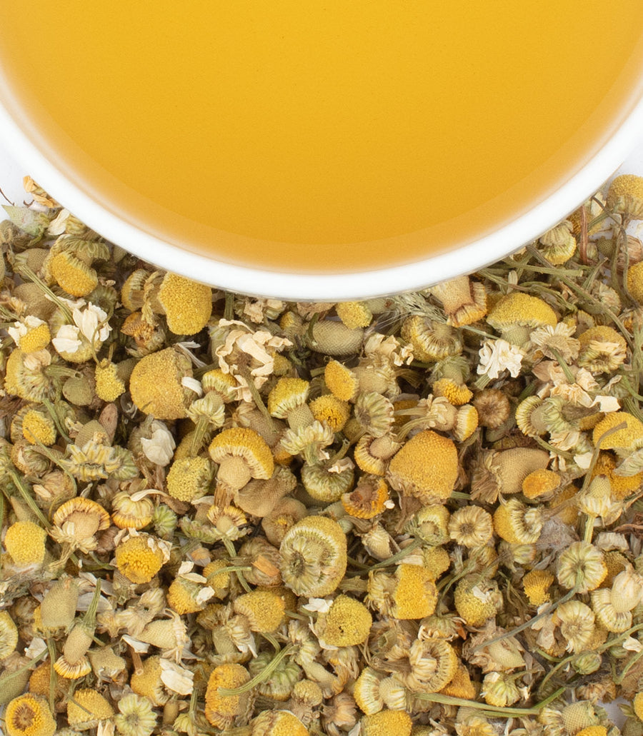Chamomile flowers with a cup of chamomile tea.