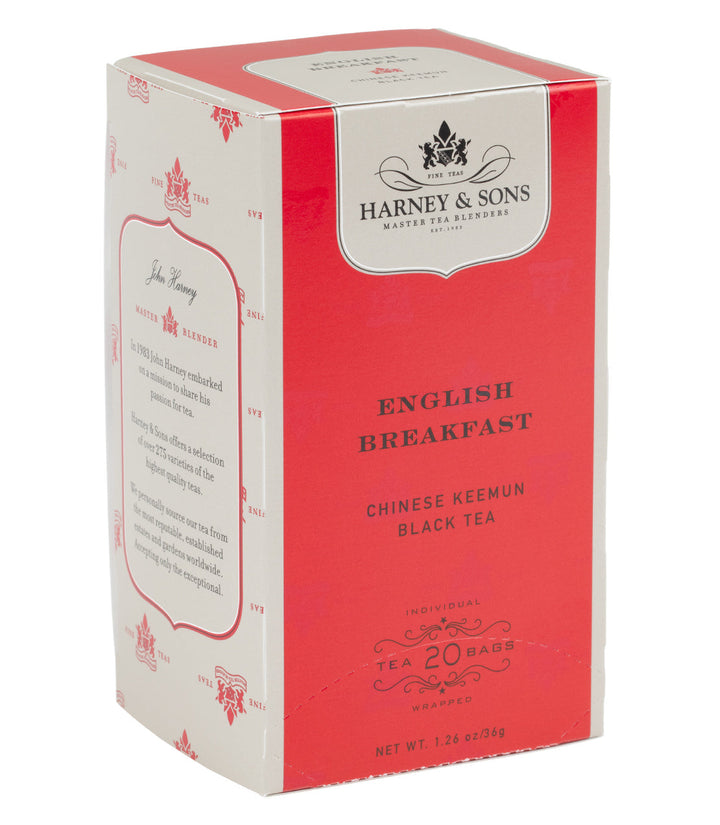 Harney and Sons English Breakfast tea box on a white background.