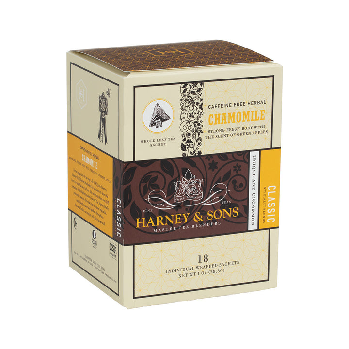 Box of Harney and Sons Chamomile tea on a white background.