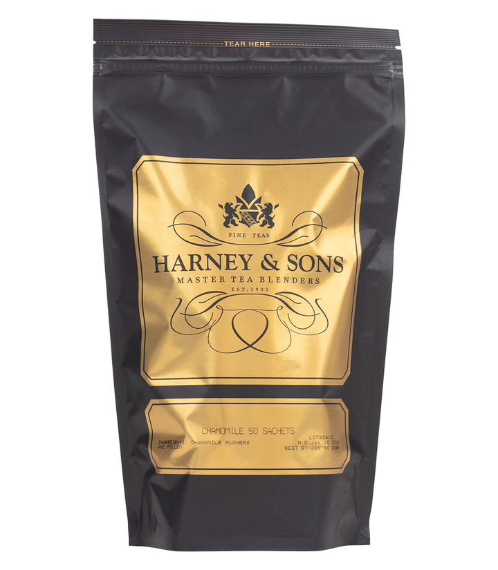 Harney and Sons tea package with gold label on a white background.