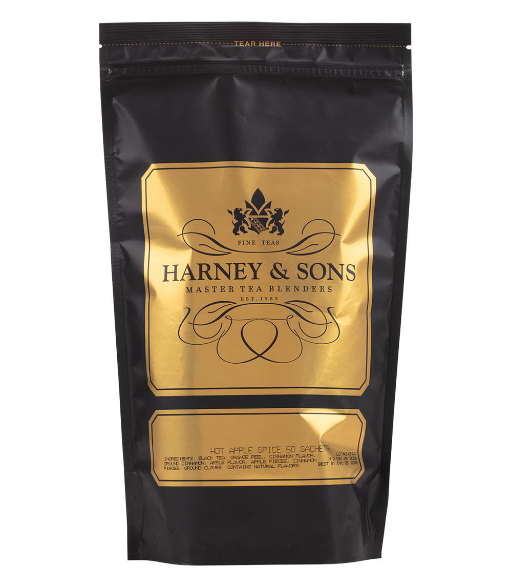 Harney and Sons tea package with gold label on a white background.
