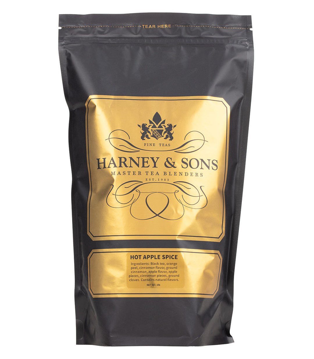 Harney and Sons tea package with gold label on a white background
