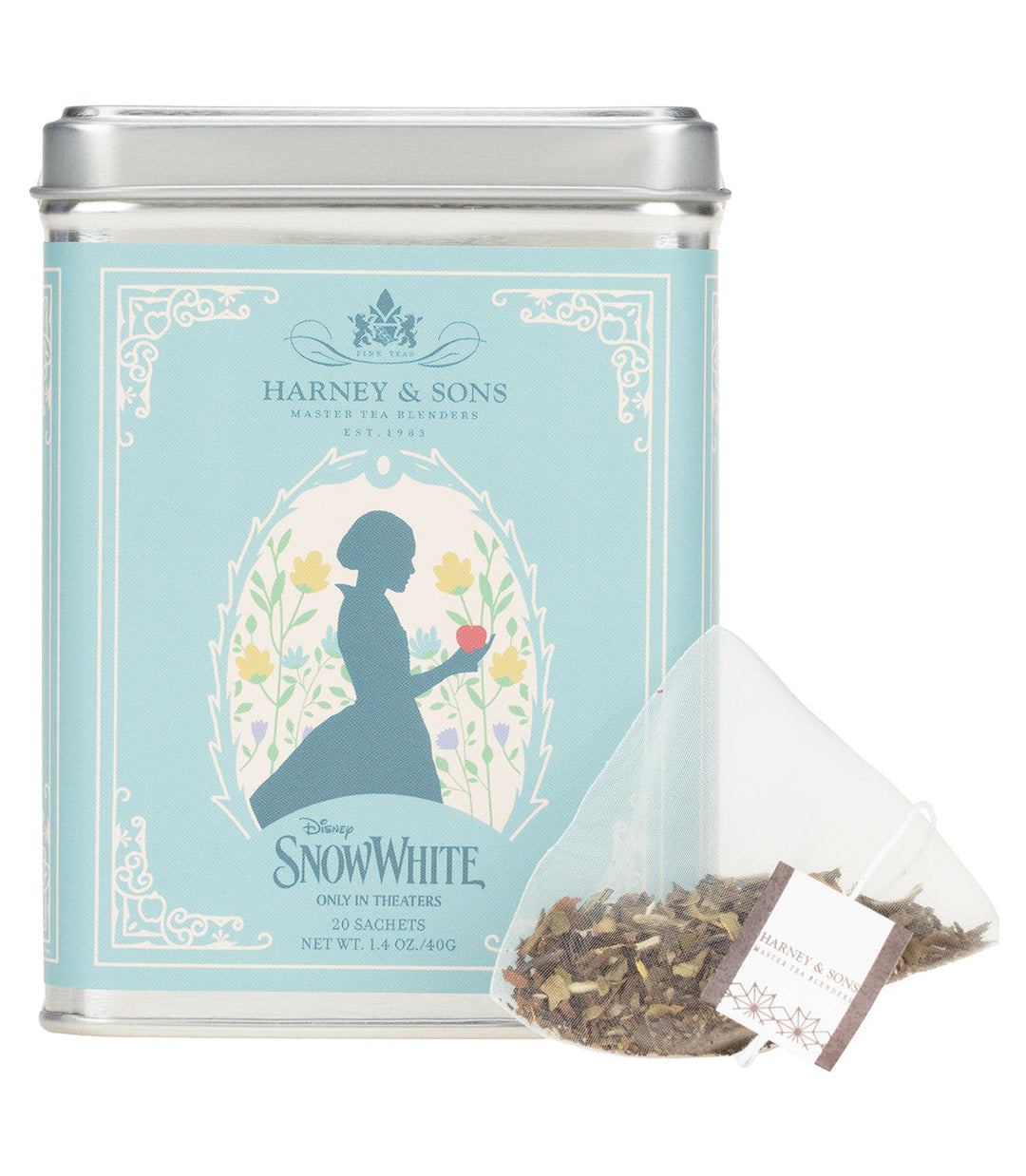 Tea canister with Snow White design and Harney and Sons branding.