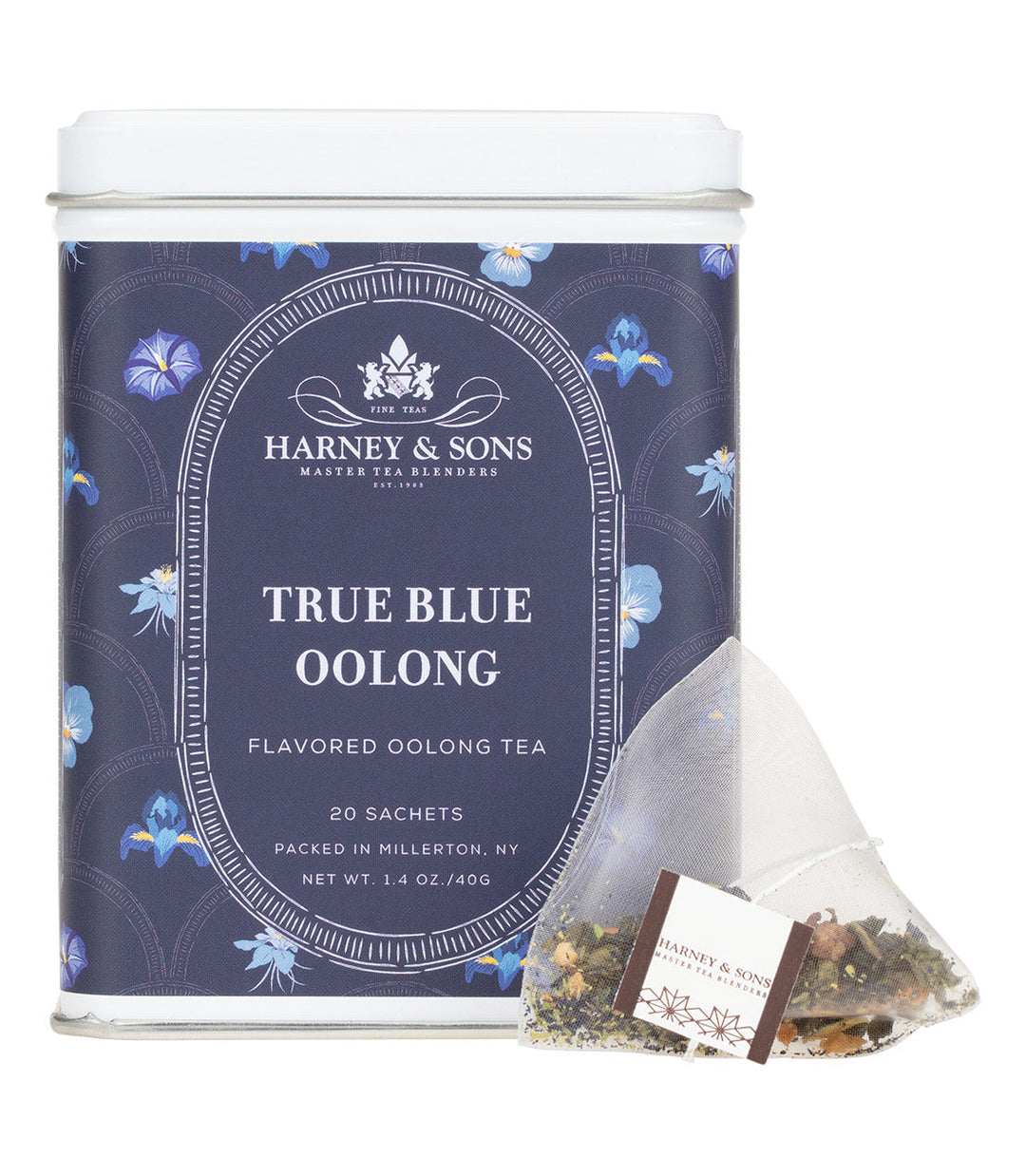 True Blue Oolong Tea Tin of 20 Sachets Front View.