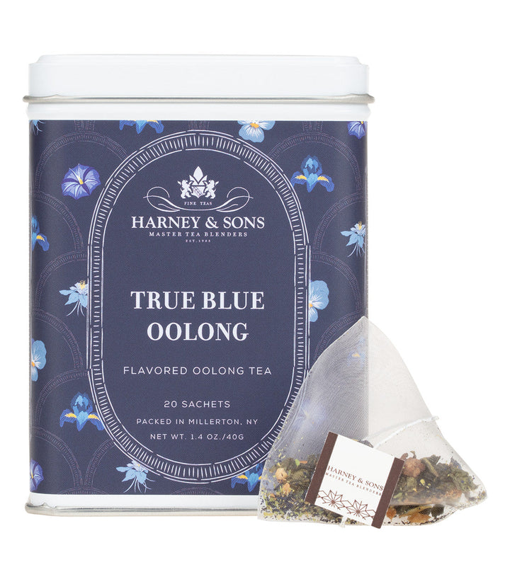 True Blue Oolong Tea Tin of 20 Sachets Front View.
