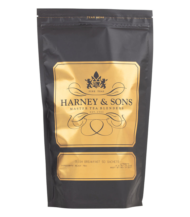 Harney and Sons tea package with gold label on a white background.