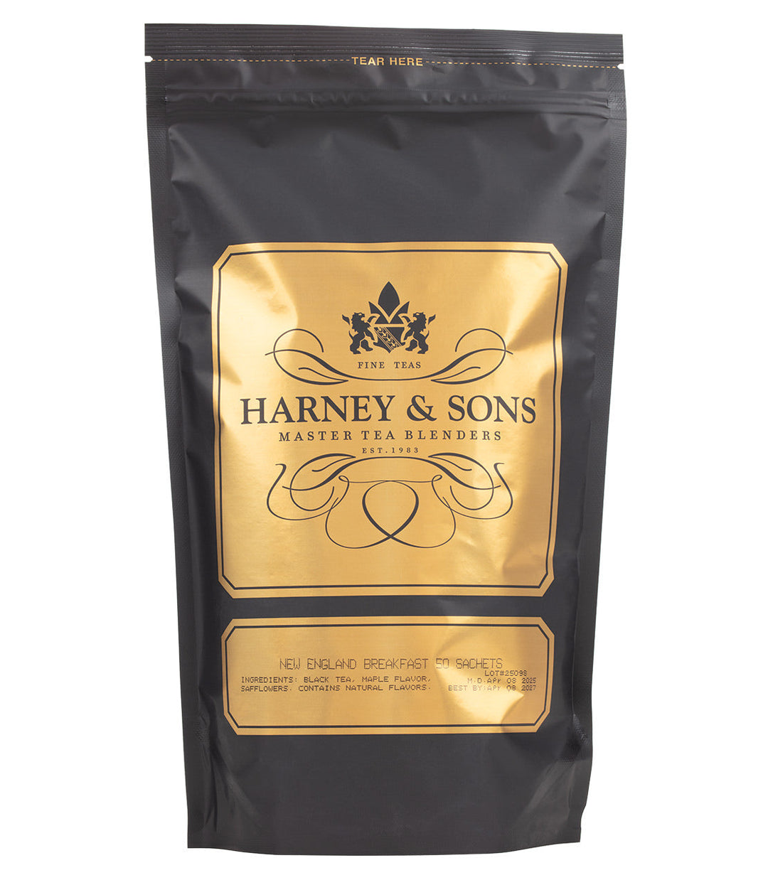 Harney and Sons tea package with gold label on a white background