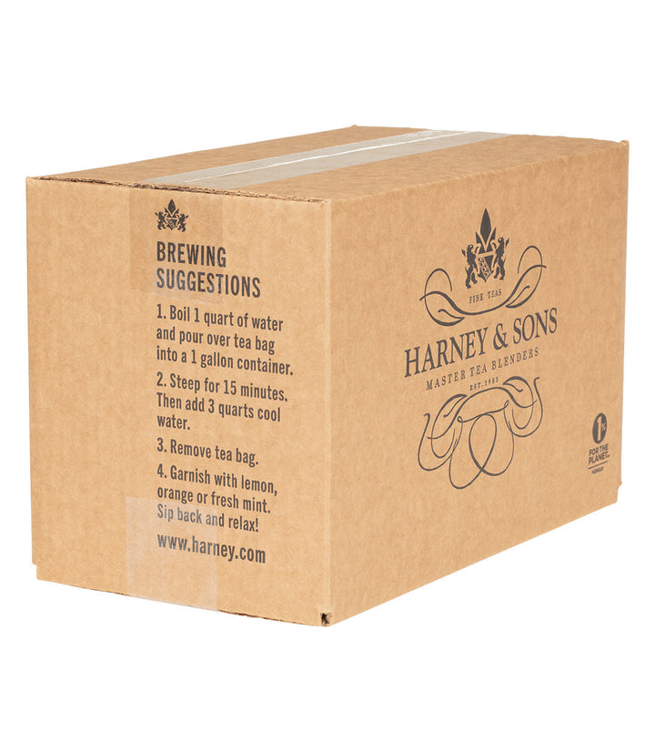 Brown cardboard box with Harney and Sons branding and brewing instructions on a white background.