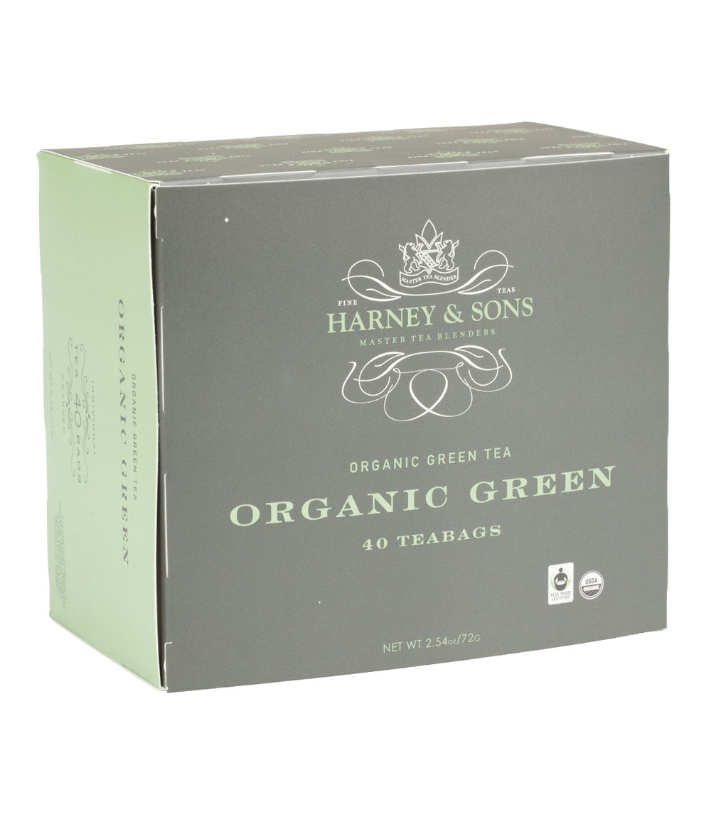 Box of Harney and Sons Organic Green Tea on a white background.