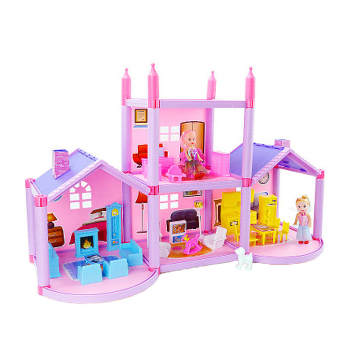 Toy dollhouse with multiple rooms and furniture on a white background.