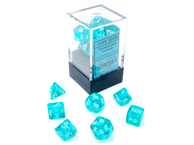 Translucent Mini-Polyhedral Teal/white 7-Die Set (Mini Poly Release 1)