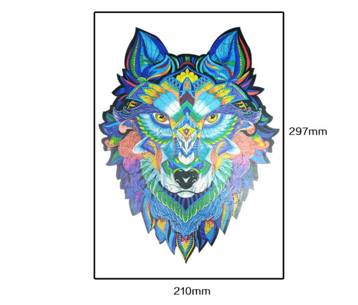 Colorful wolf head design with dimensions on a white background.