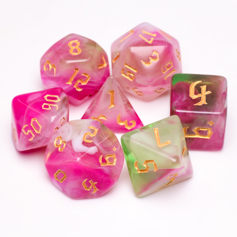 Superbloom 7-Dice Dnd Dice Pink | Green w/Gold Numbers Set