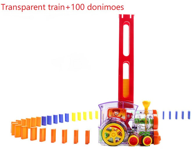 Toy train set with transparent track and dominoes on a white background.