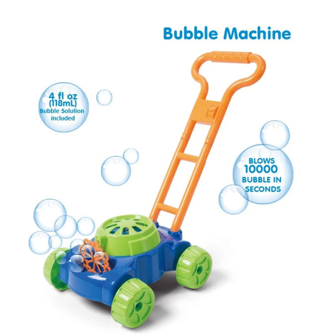 Bubble machine with wheels and a handle on a white background.