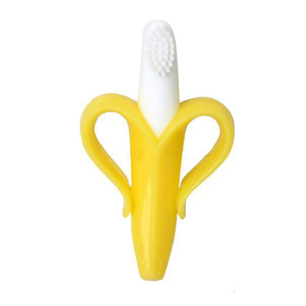 Yellow banana-shaped toothbrush with a white handle on a white background.