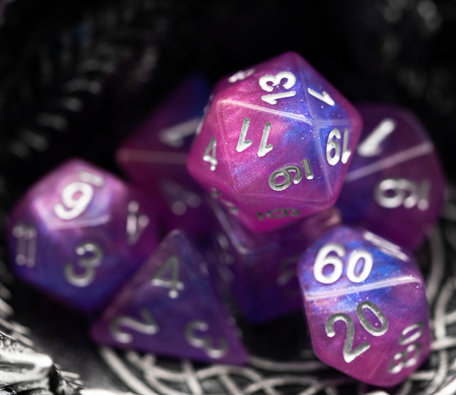 Pink & Blue w/silver Galaxy Glitter 7-Dice Set RPG