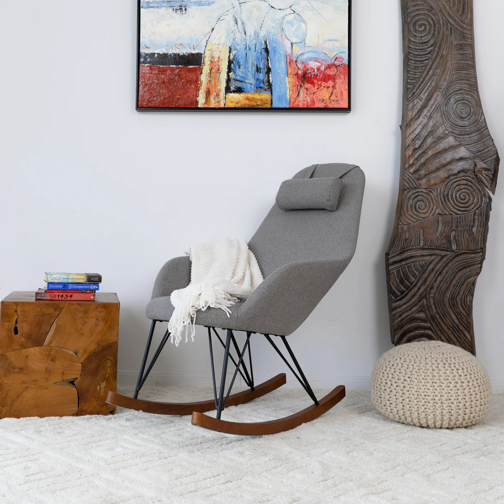Chloe Mid Century Modern Rocker Livingroom and Bedroom Chair in Room.