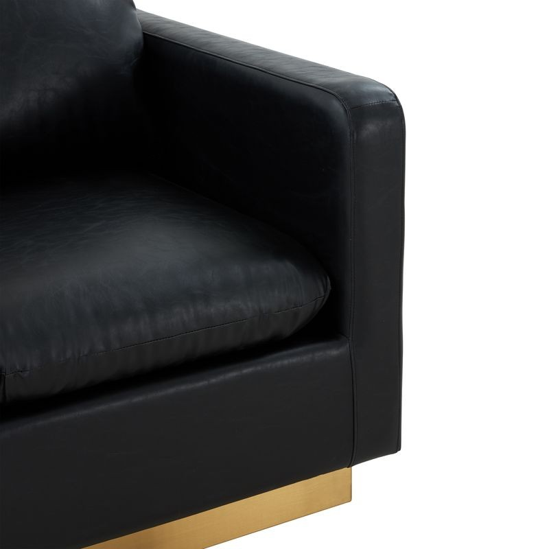 LeisureMod Nervo Faux Leather Accent Armchair with Gold Frame Black Zoomed In.