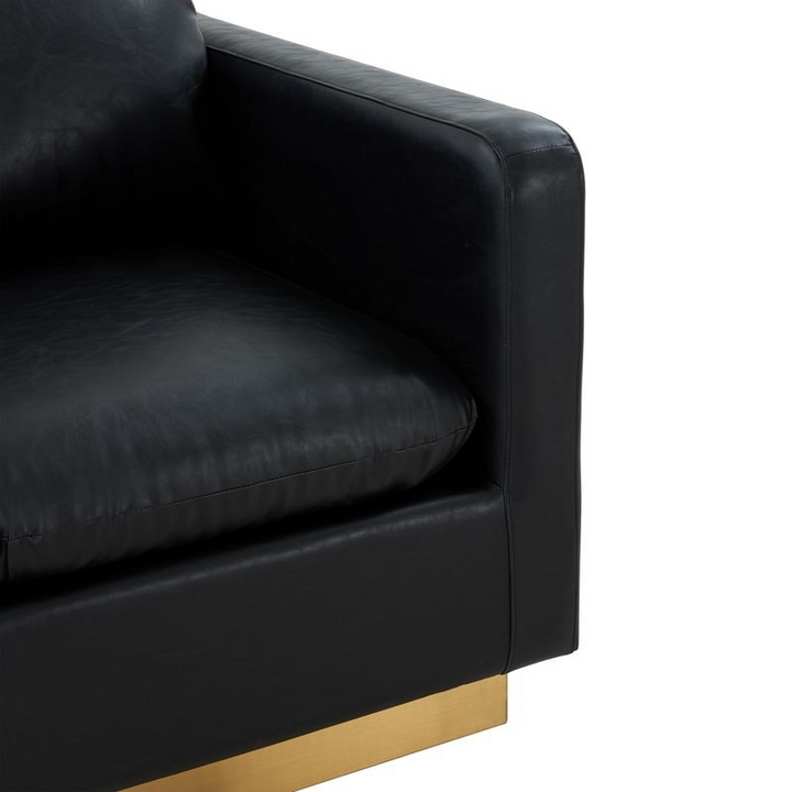 LeisureMod Nervo Faux Leather Accent Armchair with Gold Frame Black Zoomed In.