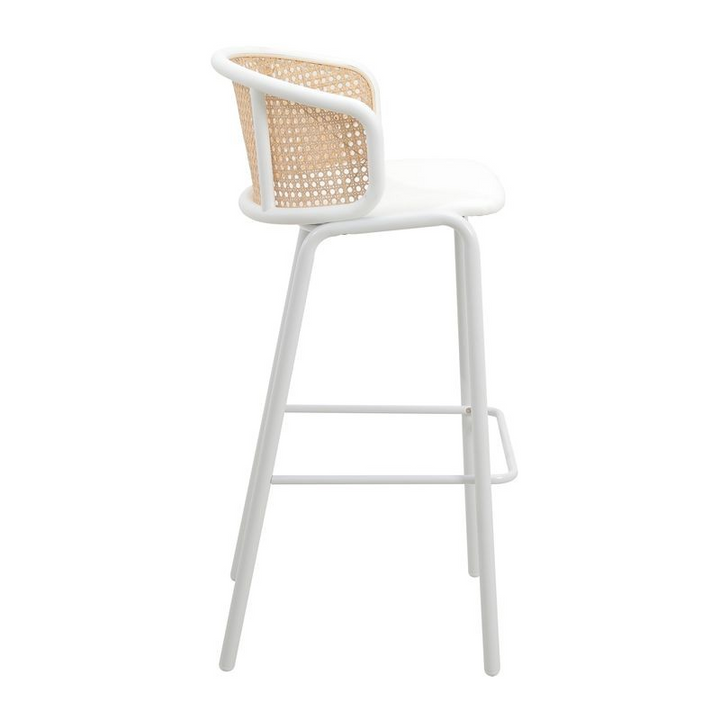 LeisureMod Ervilla Mid-Century Modern Wicker Bar Stool with Fabric Seat and White Powder Coated Steel Frame for Kitchen and Dining Room in White Side View.