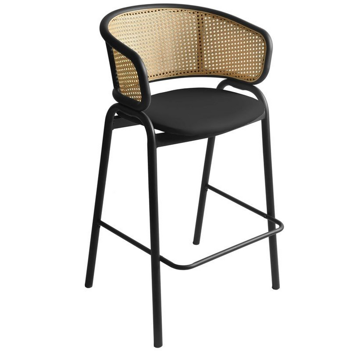 LeisureMod Ervilla Wicker Bar Stool with Fabric Seat and Black Steel Frame in Black Leather