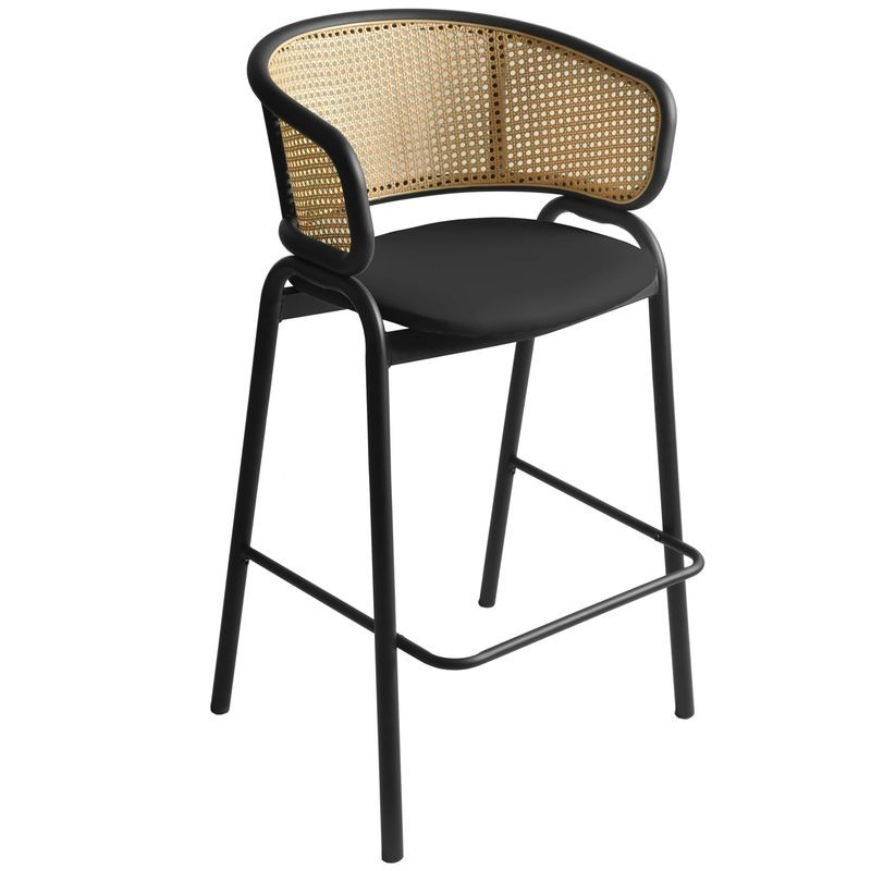 LeisureMod Ervilla Wicker Bar Stool with Fabric Seat and Black Steel Frame in Black Leather