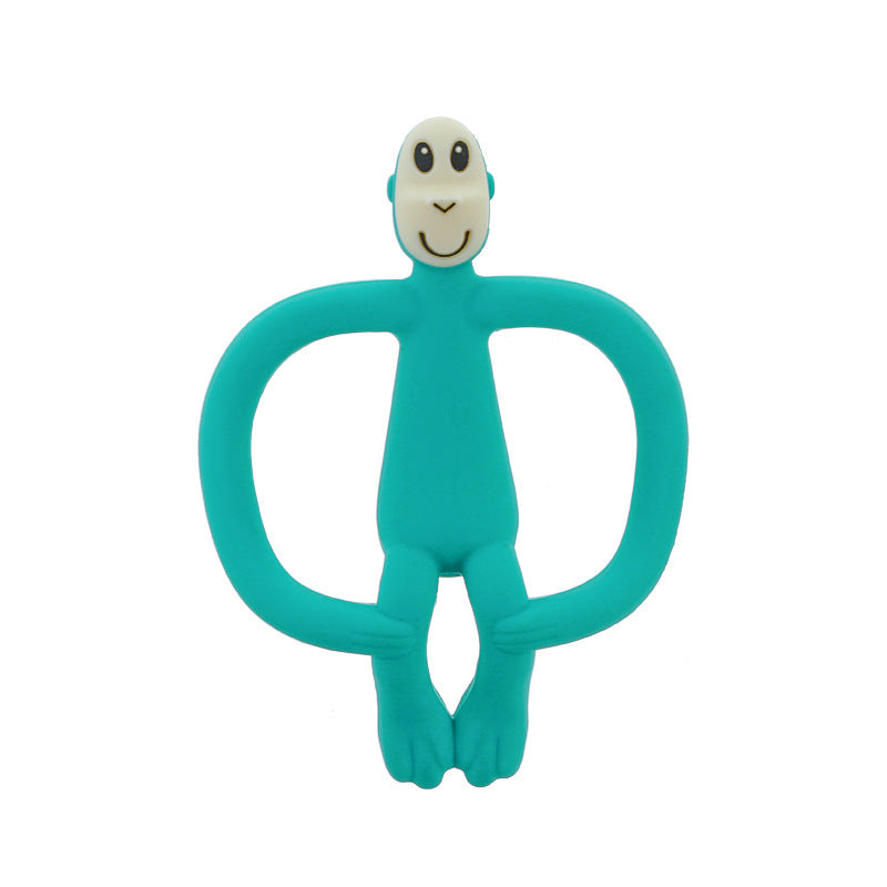 Teal monkey-shaped toy on a white background.