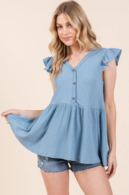 Textured Button Detailed Peplum Top