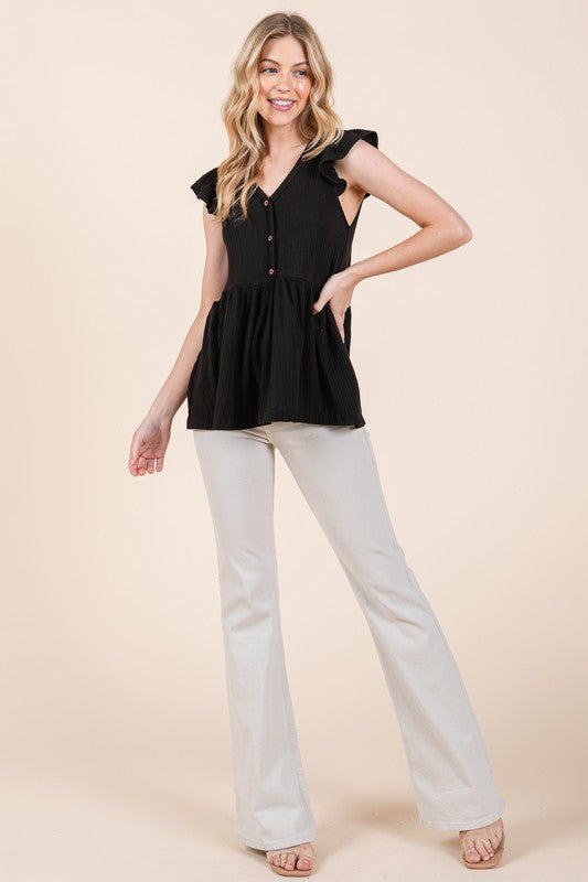 Textured Button Detailed Peplum Top