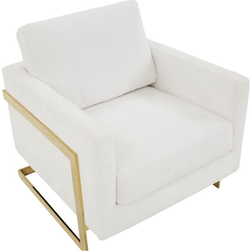 LeisureMod Lincoln Boucle Fabric Accent Armchair with Gold Stainless Steel Frame and Removable Back Cushion in White Zoomed In.